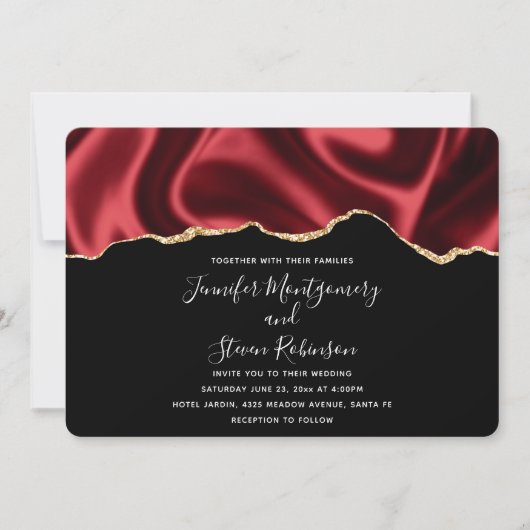 Invitation Sombre Rouge Glam Wavy Satin Résumé Mariage de con (Devant)
