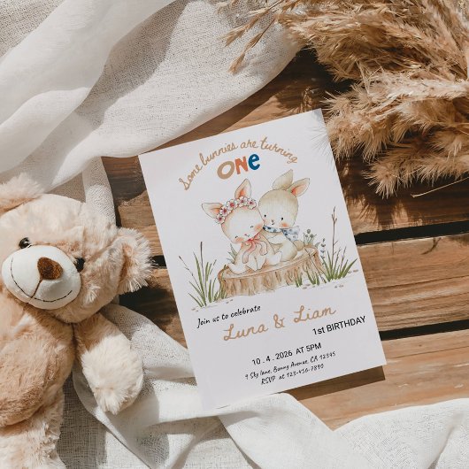 Invitation Some Bunnies Are Turning ONE Twins 1st Birthday 