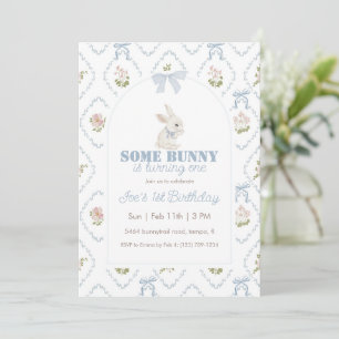 Invitation Some Bunny Blue Fleur à Carreaux 1er Anniversaire