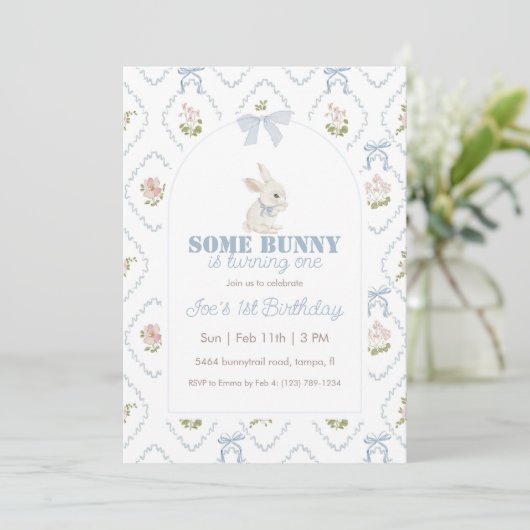Invitation Some Bunny Blue Floral Stripe 1st Birthday (Debout devant)