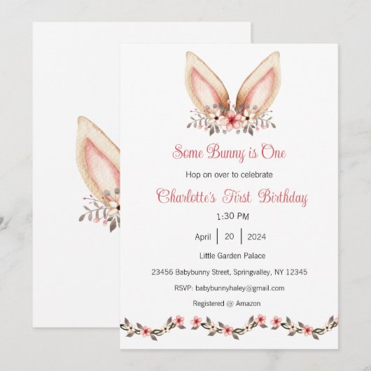 Invitation Some Bunny est une invitation, Bunny One Party, 1è (Devant / Derrière)