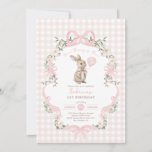 Invitation Some Bunny is One Pink Bow Gingham 1st Birthday (Devant)