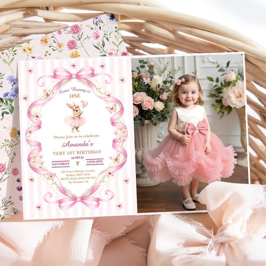 Invitation Some Bunny is One Pink Bow Gingham 1st Birthday