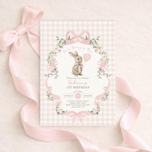 Invitation Some Bunny is One Pink Bow Gingham 1st Birthday