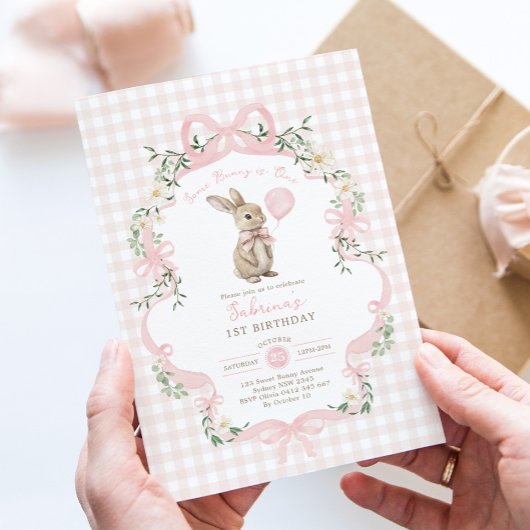 Invitation Some Bunny is One Pink Bow Gingham 1st Birthday