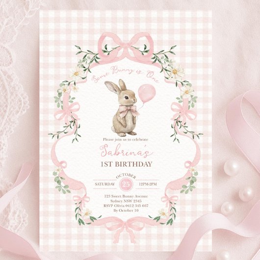 Invitation Some Bunny is One: Pink Bow Rabbit First Birthday 