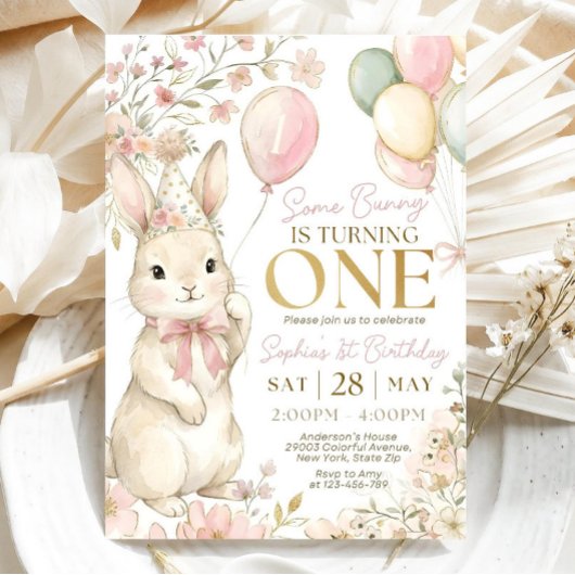 Invitation Some Bunny is One, Pink Bow Rabbit First Birthday 