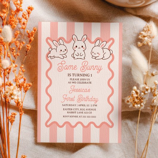 Invitation Some Bunny Rose Pâle Fille Pâques 1er Anniversaire