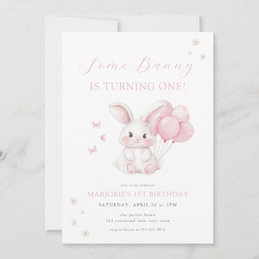 Invitation Some Bunny Spring Girl Pink Bunny First Birthday (Devant)