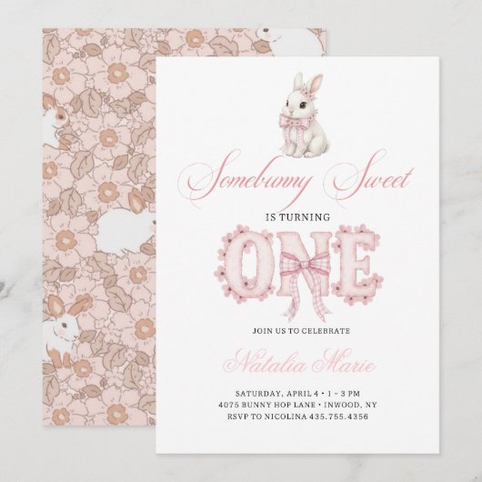 Invitation Somebunny Sweet 1st Birthday Spring Floral Invitat (Devant / Derrière)