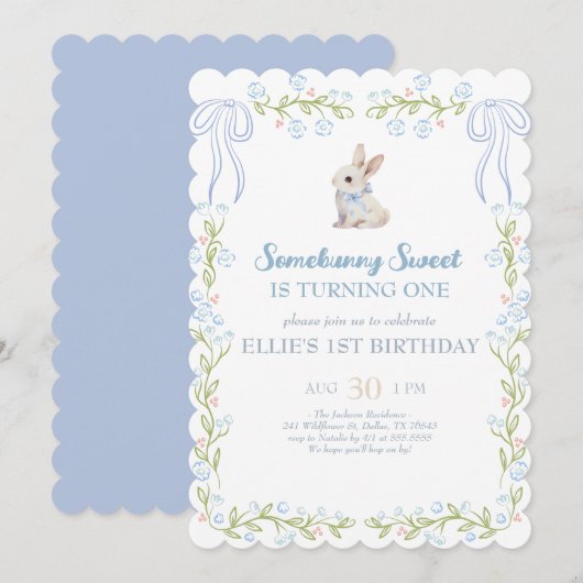 Invitation Somebunny Sweet Bunny 1st Birthday Spring Floral I (Devant / Derrière)