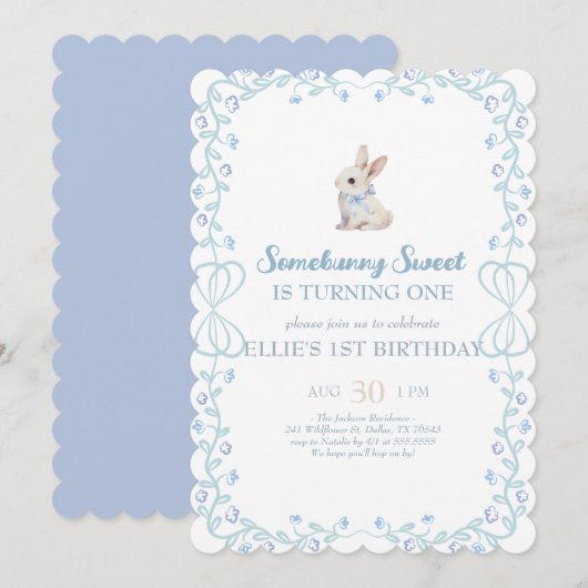 Invitation Somebunny Sweet Bunny 1st Birthday Spring Floral I (Devant / Derrière)
