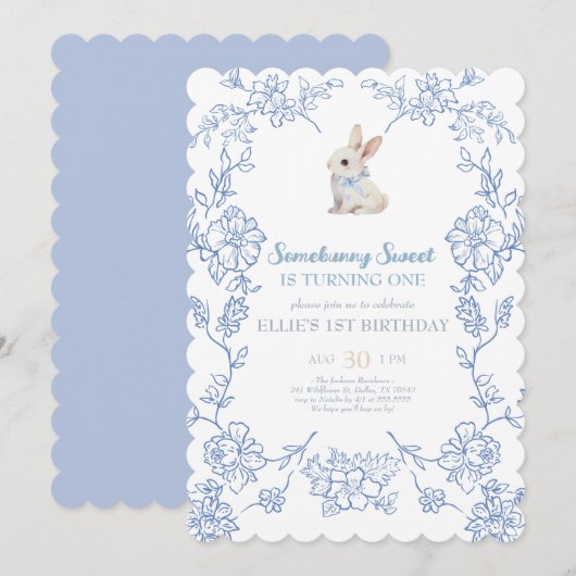 Invitation Somebunny Sweet Bunny 1st Birthday Spring Floral I (Devant / Derrière)