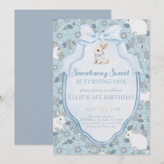 Invitation Somebunny Sweet Bunny 1st Birthday Spring Floral I (Devant / Derrière)