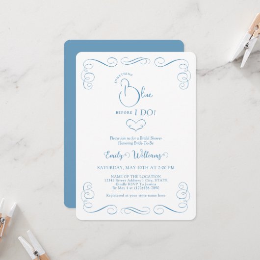 Invitation Something Blue Before I Do Elegant Bridal Shower (Devant/Arrière en situation)