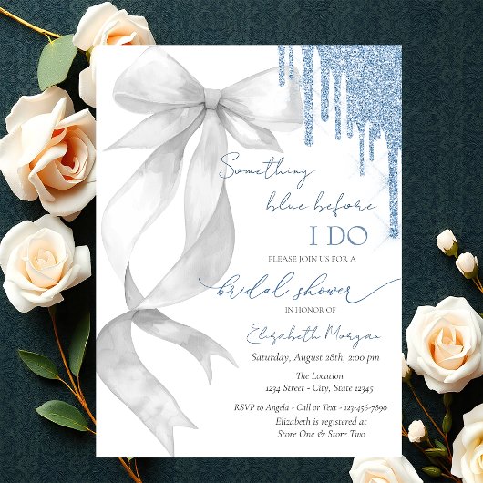 Invitation Something Blue Before I Do White Bow Glitter Drips