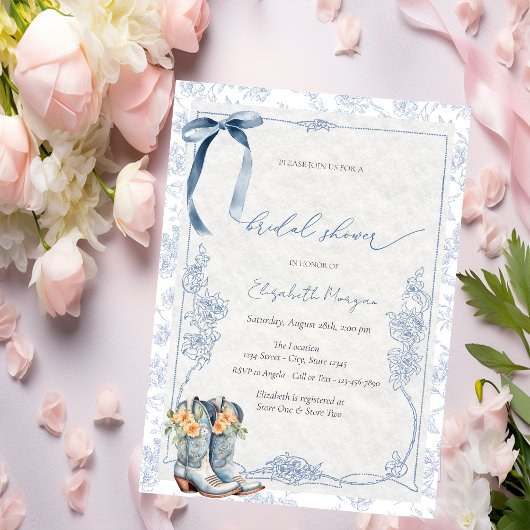 Invitation Something Blue Bow Cowboy Boots Floral