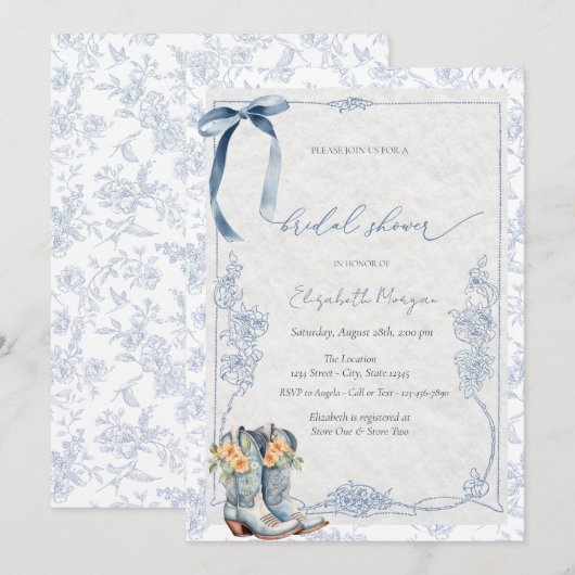 Invitation Something Blue Bow Cowboy Boots Floral (Devant / Derrière)