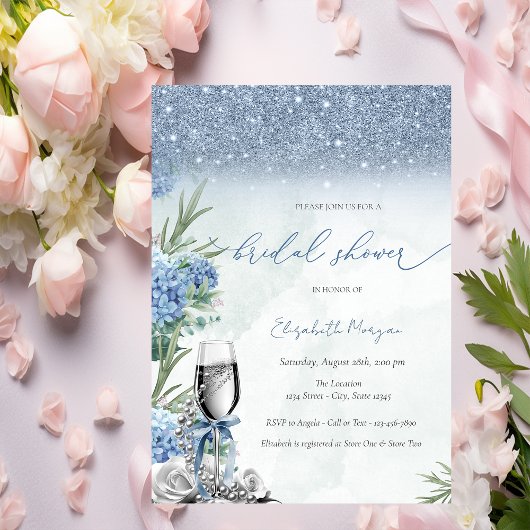 Invitation Something Blue Bow Glitter Champagne Hydrangea