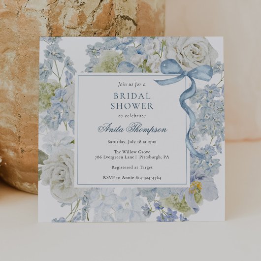 Invitation Something Blue Floral Ribbon Bridal Shower