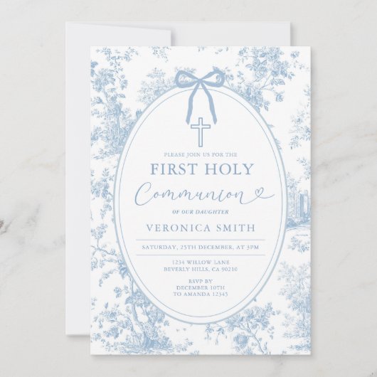 Invitation Something Blue Vintage Toile First Holy Communion (Devant)