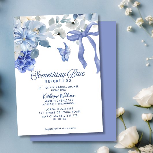 Invitation Something Blue White Floral Bow Bridal Shower