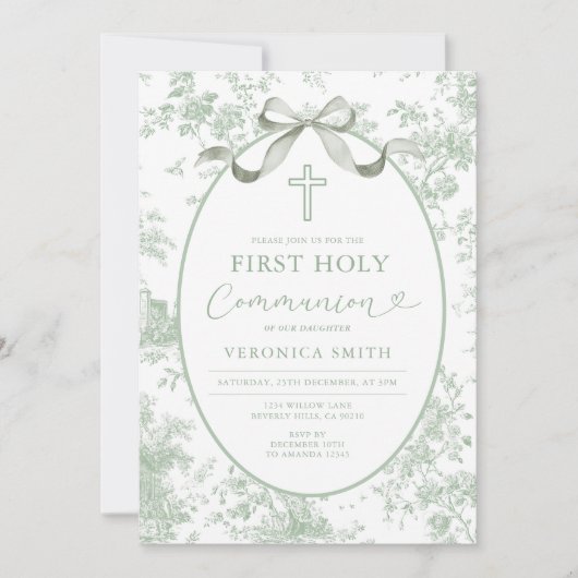 Invitation Something Green Vintage Toile First Holy Communion (Devant)