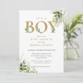 Invitation Son Baby shower A Boy Greenery Foliage Gold Letter (Debout devant)