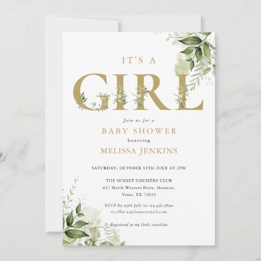Invitation Son Baby shower A Girl Botanical Gold Letter (Devant)