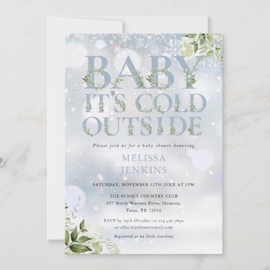 Invitation Son Baby shower d'hiver verdoyant et froid (Devant)