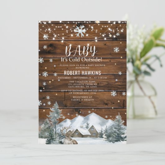 Invitation Son Baby shower Froid Hiver En Bois Rustique (Debout devant)
