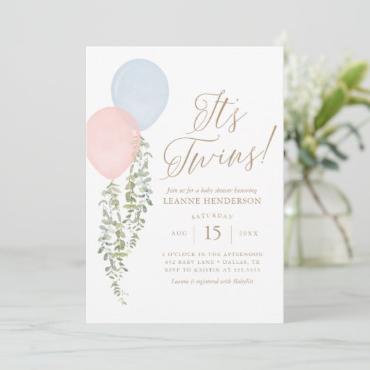 Invitation Son Baby shower Twins Bleu Rose Eucalyptus (Debout devant)