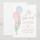 Invitation Son Baby shower Twins Bleu Rose Eucalyptus (Devant / Derrière)