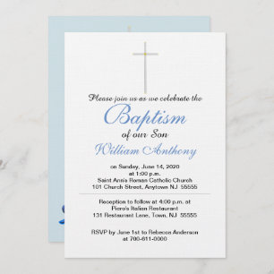 Invitation Son Baptême Croix Bleu gris