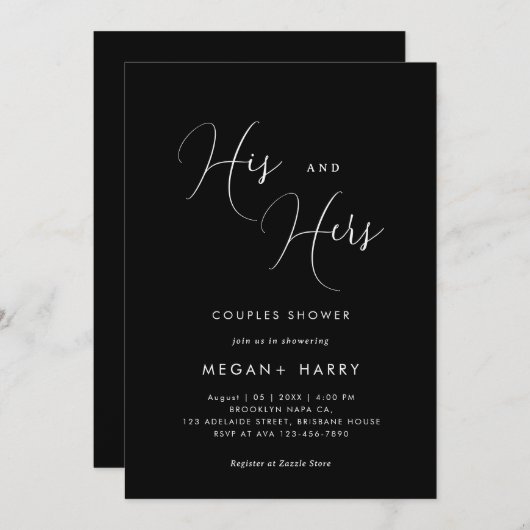 Invitation Son & Hers Simple Black Couple Douche nuptiale (Devant / Derrière)