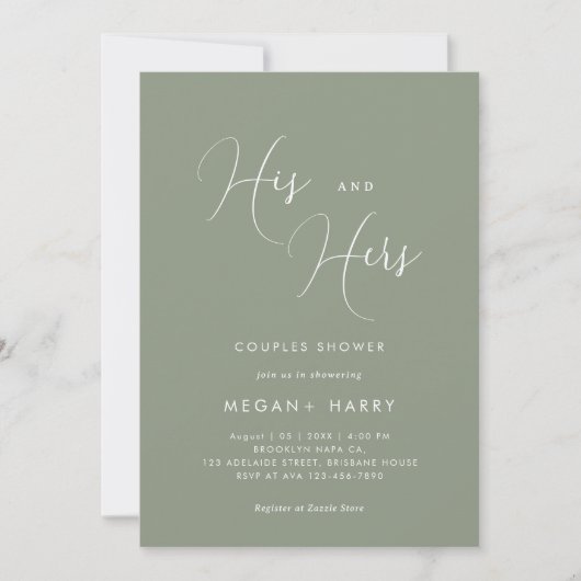 Invitation Son & Hers Simple Sage Green Couple Douche nuptial (Devant)