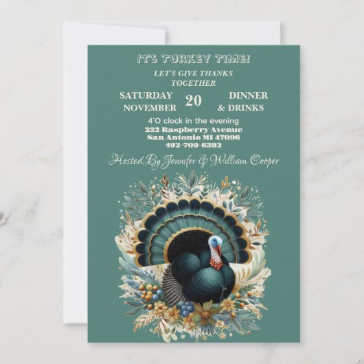 Invitation Son heure Turquie Thanksgiving Floral vert automne (Devant)