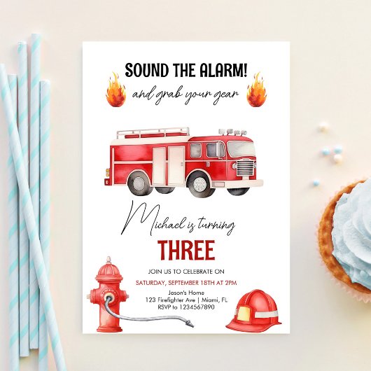 Invitation Son L'alarme Pompier Camion Anniversaire