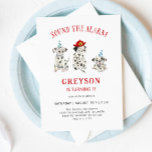 Invitation Son L'alarme pompier fête d'anniversaire<br><div class="desc">Carte d'invitation pour la fête d'anniversaire du garçon à thème pompier mignonne avec l'aquarelle illustrant trois chiots dalmate avec un casque pompier et des casquettes de fête. Le texte dit "Sonne l'alarme."</div>