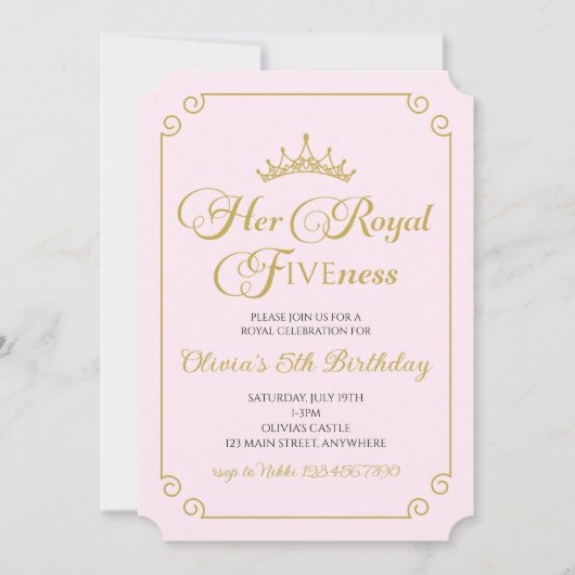 Invitation Son Royal Fiveness Princesse Or 5 ans (Devant)