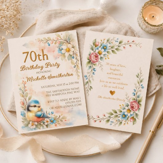 Invitation Songbird Spring Watercolor Floral 70th Birthday