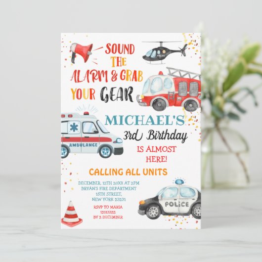 Invitation Sonne l'alarme et attrape ton équipement Anniversa (Debout devant)