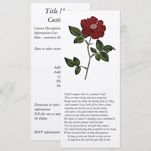 Invitation Sonnet n° 18 de William Shakespeare (Devant / Derrière)