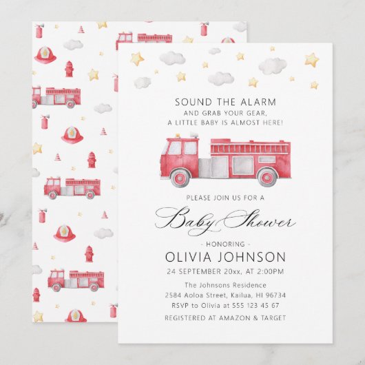Invitation Sonnez le Baby shower de pompier du camion d'alarm (Devant / Derrière)