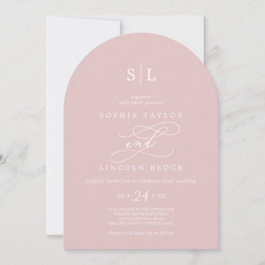 Invitation SOPHIA Arch Blush Pink Monogramme Simple Mariage (Devant)