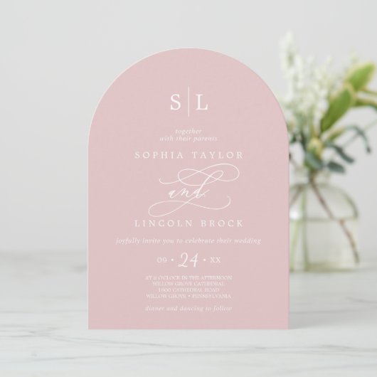 Invitation SOPHIA Arch Blush Pink Monogramme Simple Mariage (Debout devant)