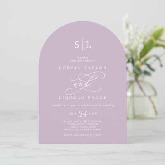 Invitation SOPHIA Arch Lilac Classique été Mariage violet (Debout devant)