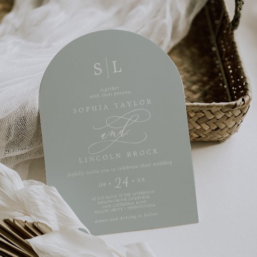 Invitation SOPHIA Arch Monogramme Dusty Sage Gris Vert Mariag