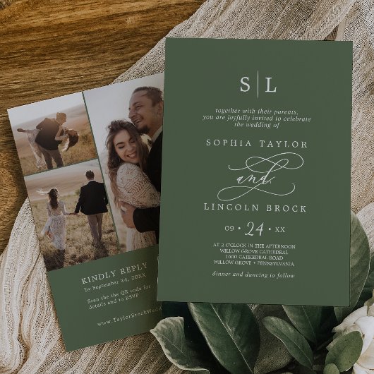 Invitation SOPHIA QR 3 Photo Olive Green All In One Mariage