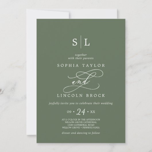 Invitation SOPHIA QR Code Boho Olive Green Tout en un Mariage (Devant)